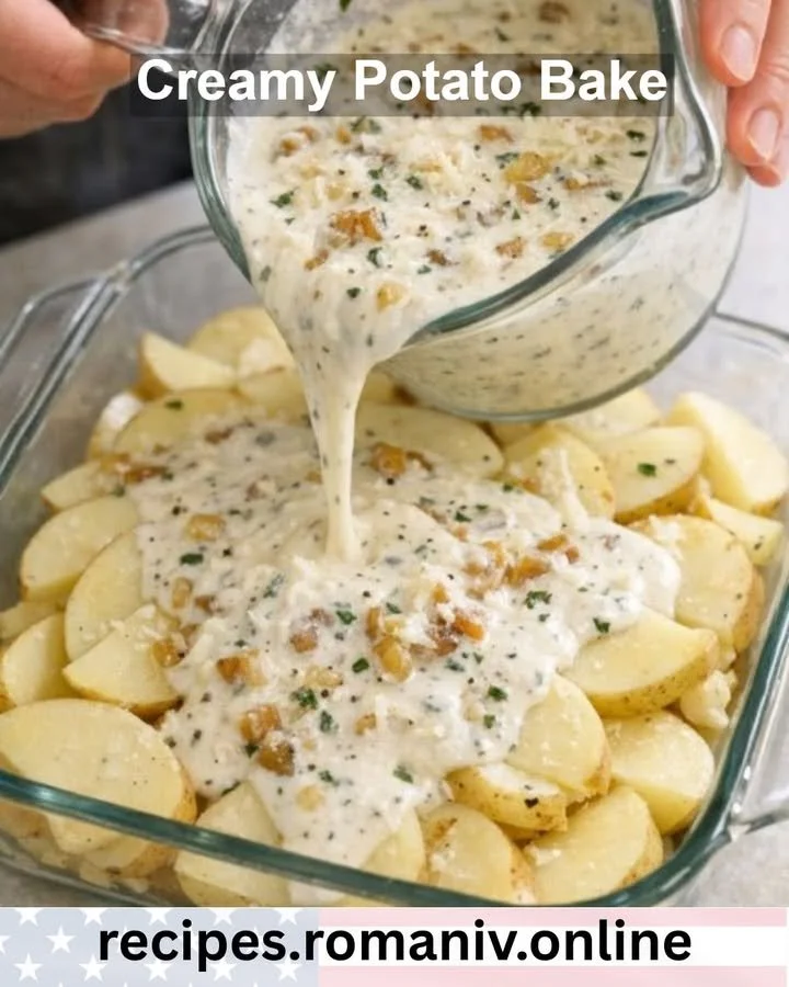 Delicious creamy potato bake topped with melted cheese and herbs