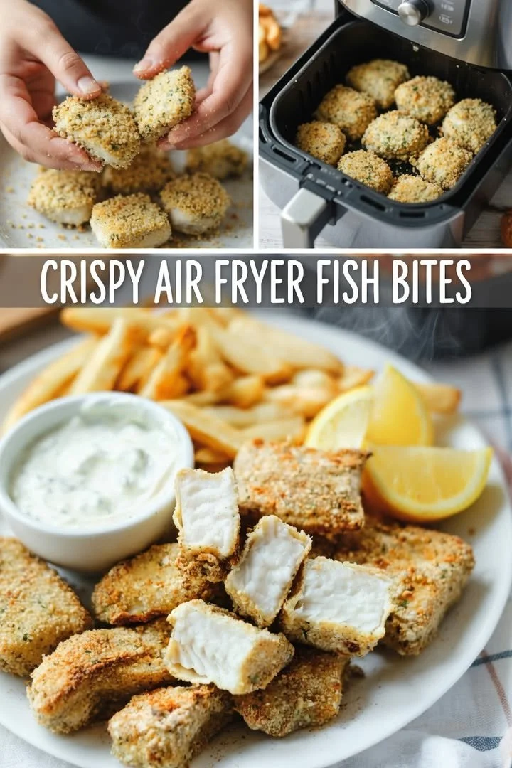 Crispy air fryer fish bites served on a plate with dipping sauce.