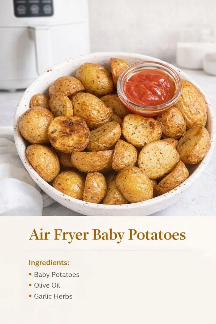 Plate of crispy baby potatoes seasoned and baked until golden brown.