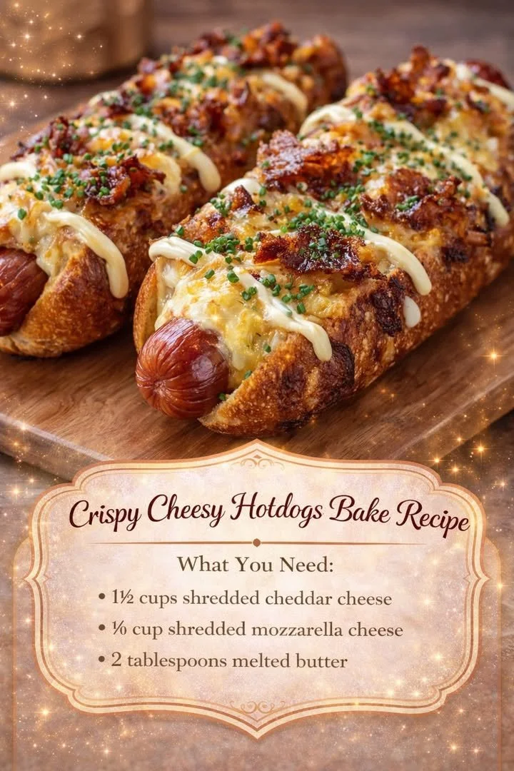 Crispy Cheesy Hotdogs Bake served in a dish