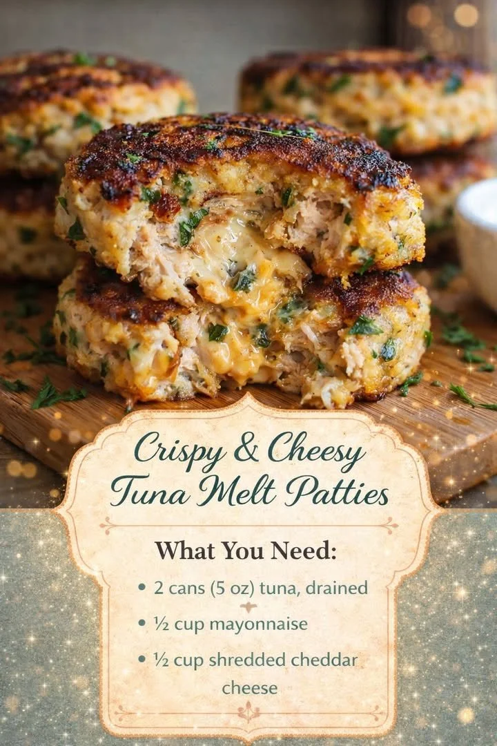 Crispy and cheesy tuna melt patties served on a plate with fresh garnish.