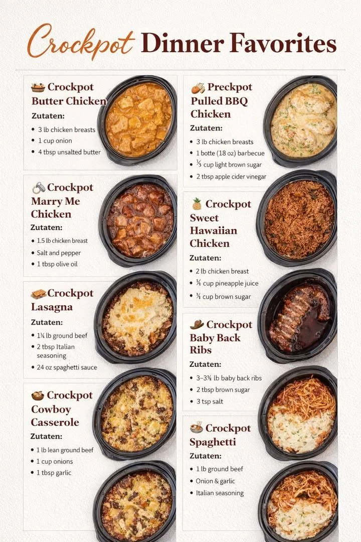 Delicious Crockpot dinner favorites for easy meal preparation.