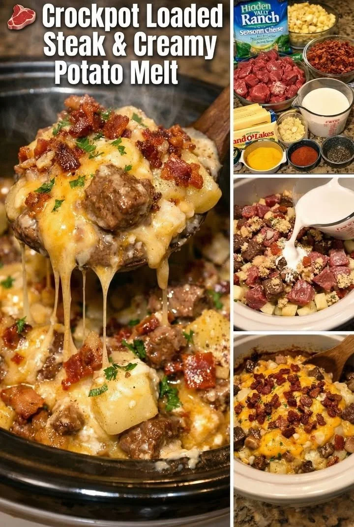 Delicious Crockpot Loaded Steak & Creamy Potato Melt served in a bowl
