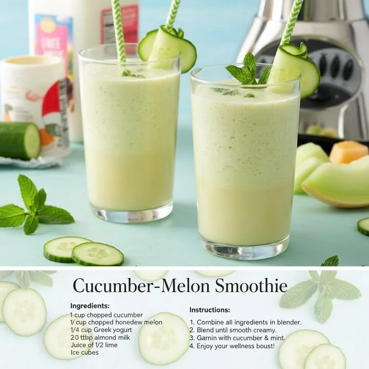 Cucumber Melon Smoothie in a glass garnished with fresh cucumber and melon slices.