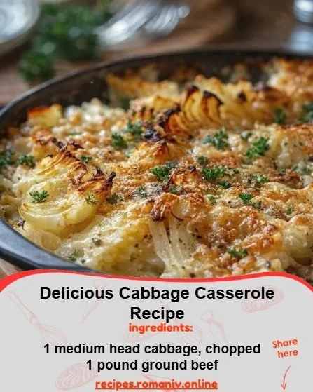 Delicious cabbage casserole topped with melted cheese and herbs.