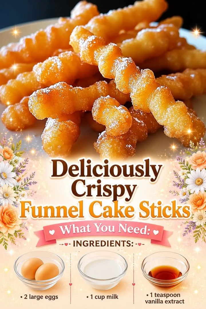 Crispy funnel cake sticks served on a plate with powdered sugar
