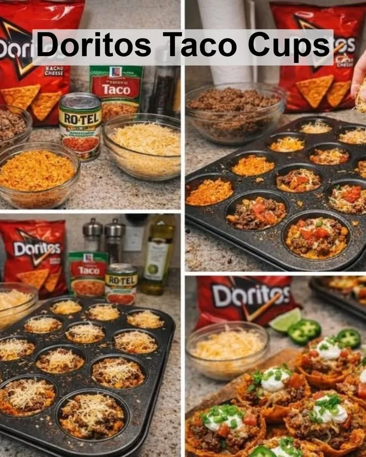 Delicious Doritos taco cups filled with seasoned meat and toppings.