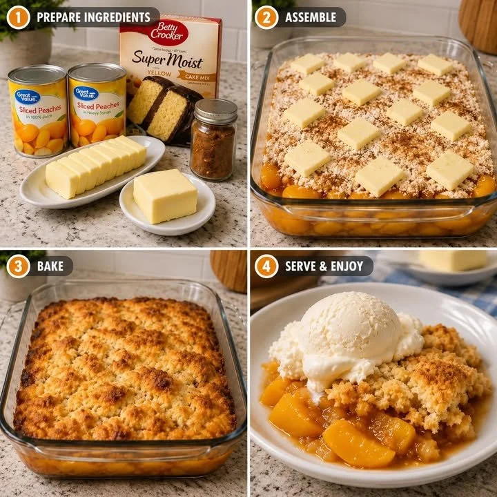 Delicious dump and bake peach cobbler in a baking dish