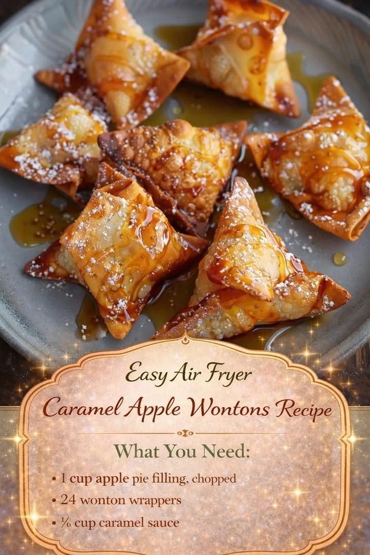 Easy air fryer caramel apple wontons with golden crispy edges