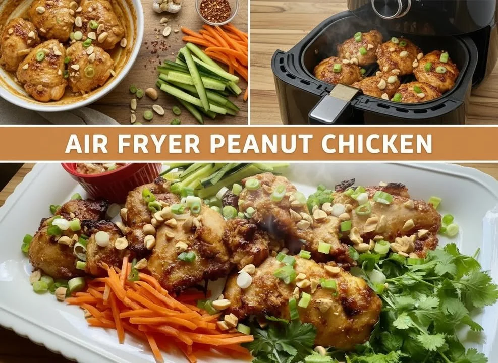 Plate of easy air fryer chicken with peanuts served with vegetables