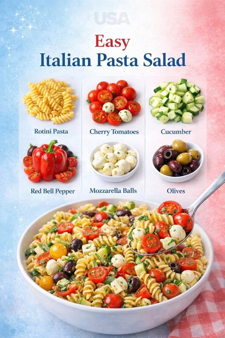Bowl of easy Italian pasta salad with fresh vegetables and dressing
