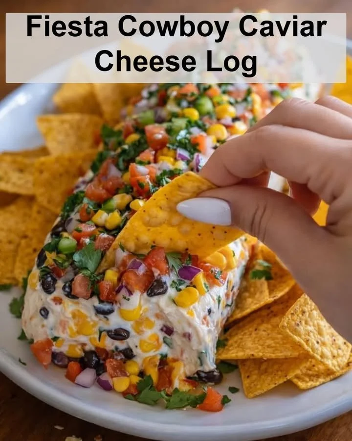 Fiesta Cowboy Caviar Cheese Log served on a platter with colorful vegetables