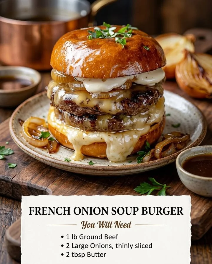 Delicious French Onion Soup Burgers topped with melted cheese and caramelized onions