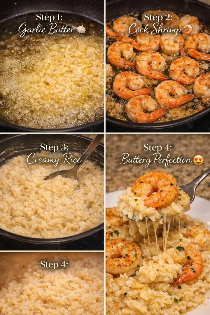 Plate of garlic butter shrimp served over creamy rice with herbs.