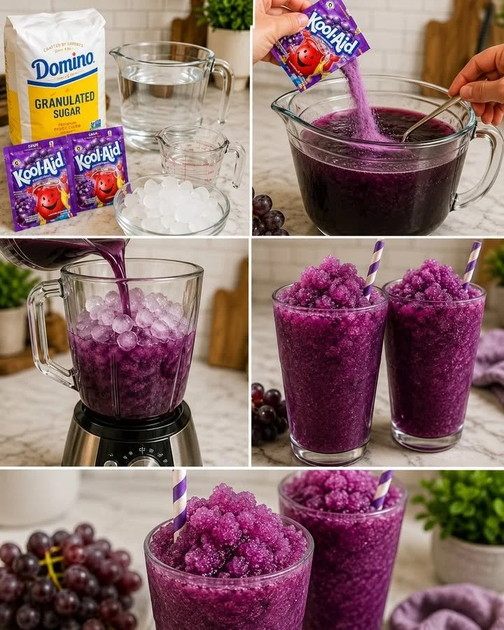 Refreshing Grape Kool-Aid Slush served in a clear cup with ice.