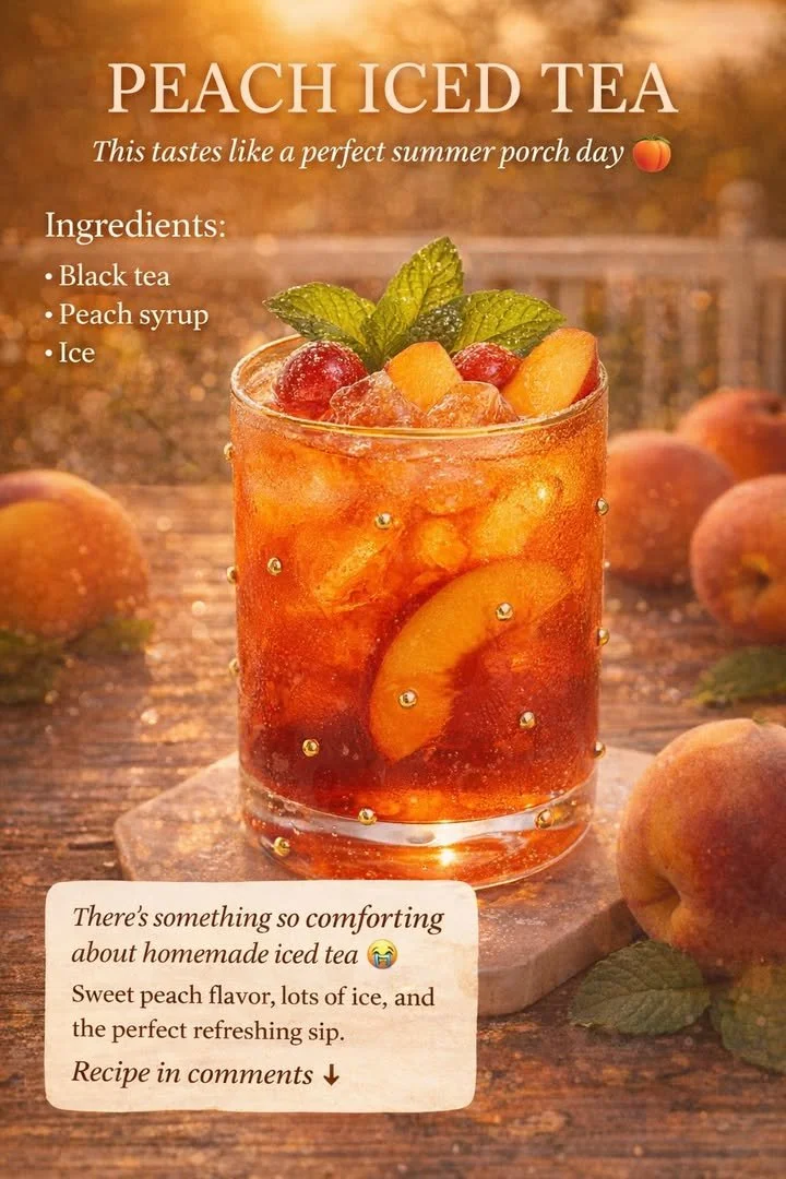 Homemade peach-flavored iced tea served in a glass with ice and fresh peaches