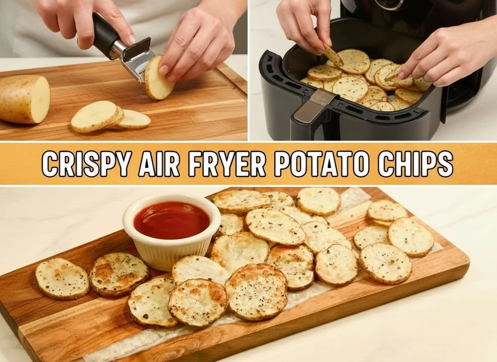 A bowl of crispy homemade potato chips on a wooden table