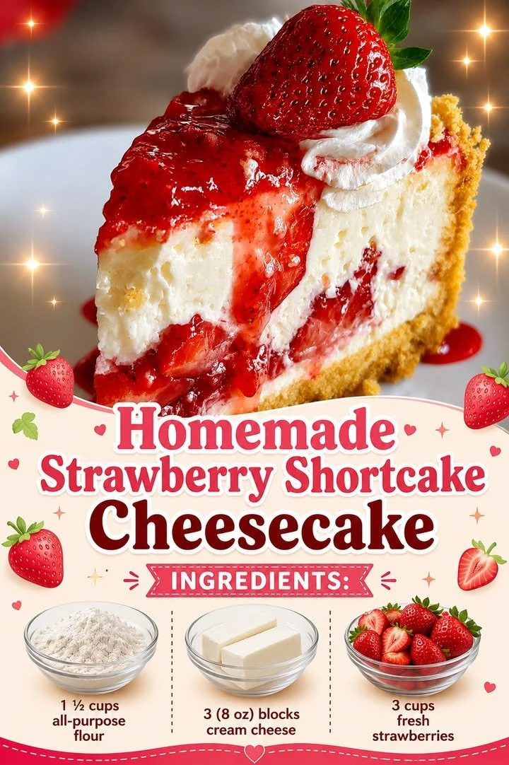 Homemade strawberry shortcake cheesecake topped with fresh strawberries and whipped cream