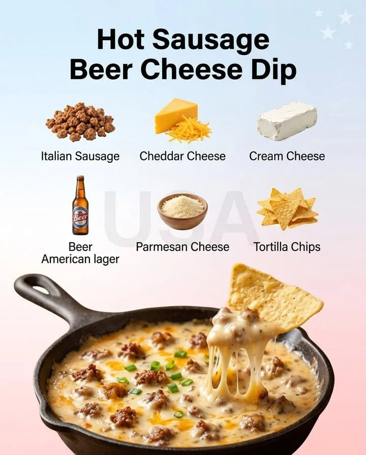 Hot Sausage Beer Cheese Dip served in a bowl with tortilla chips