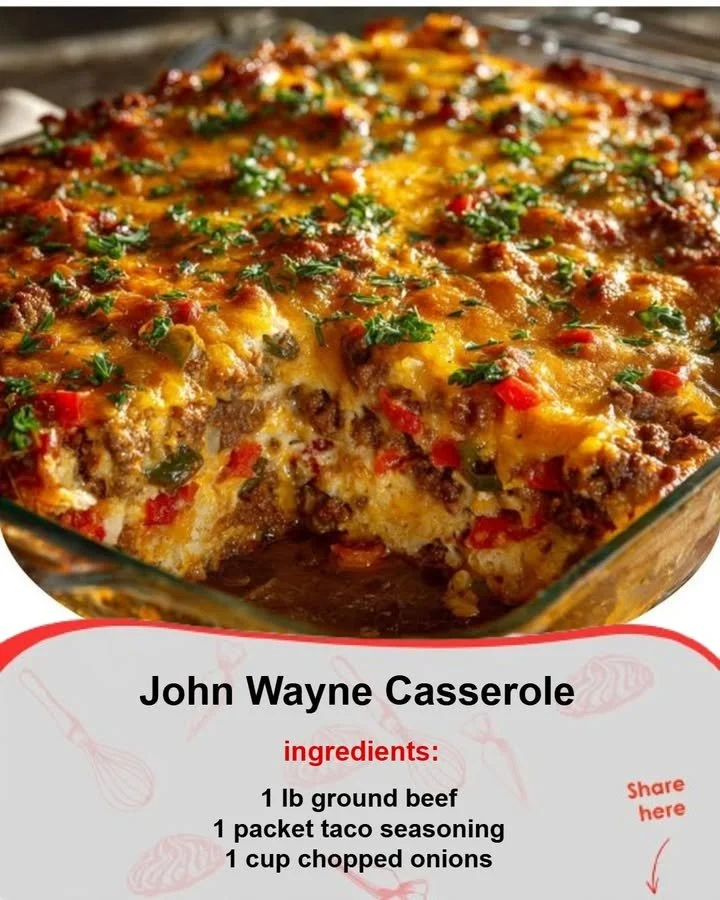 Delicious John Wayne Casserole served in a baking dish with toppings.