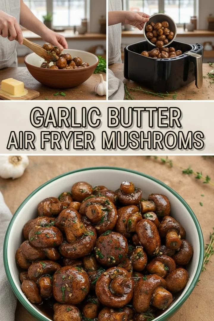 Delicious juicy roasted mushrooms with garlic butter on a plate