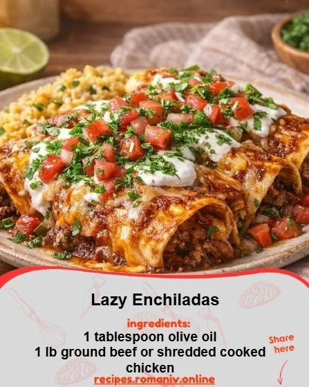 Delicious lazy enchiladas ready to serve, featuring melted cheese and vibrant toppings.