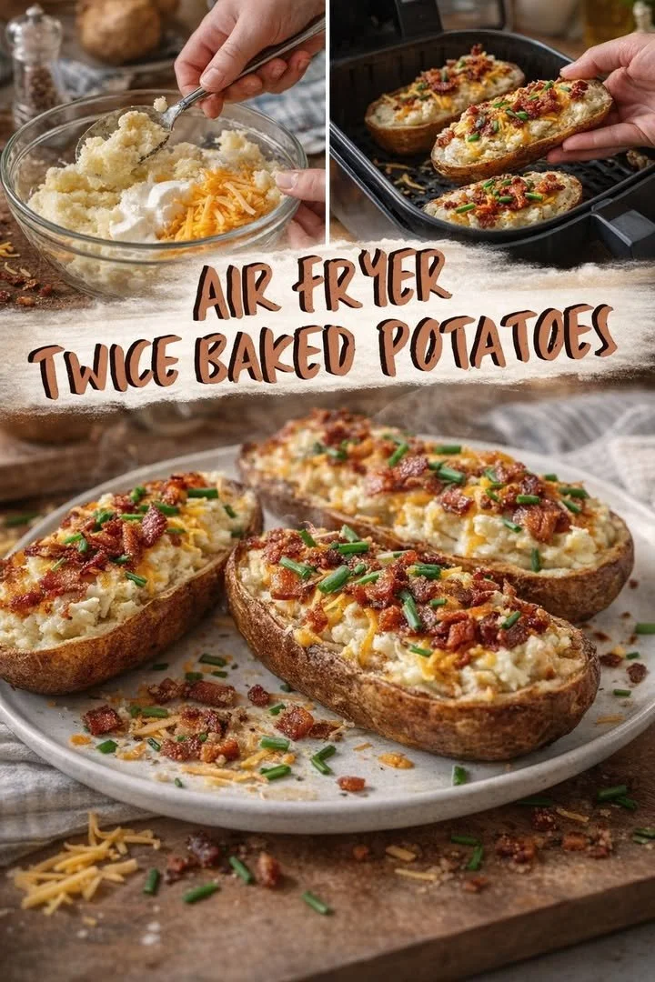 Delicious loaded air fryer potatoes with toppings, ready to serve.