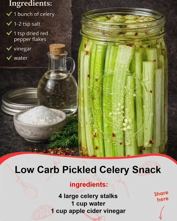 Low carb pickled celery in a jar with spices, fresh ingredients for a healthy snack.