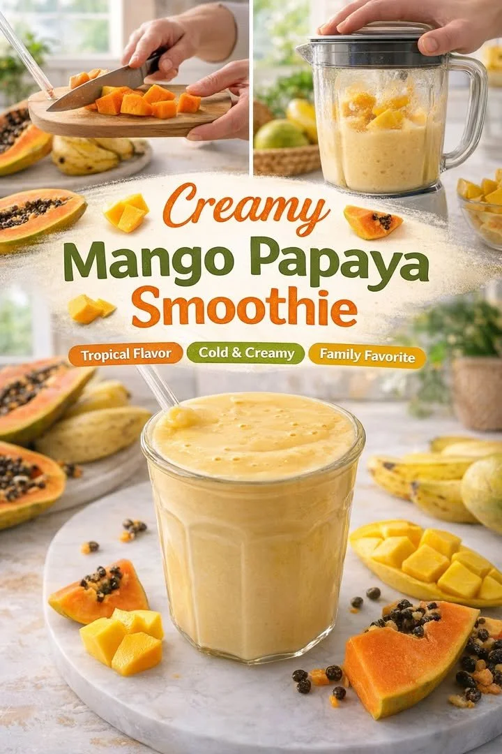 Delicious Mango Papaya Smoothie in a glass with tropical fruits