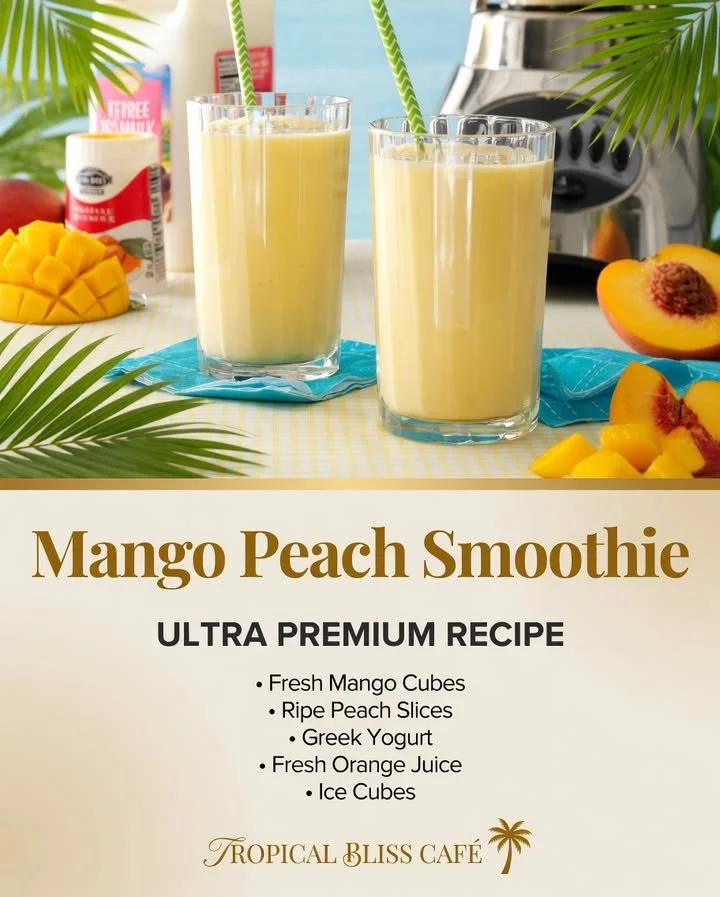 A refreshing Mango Peach Smoothie in a clear glass with fruits around it.
