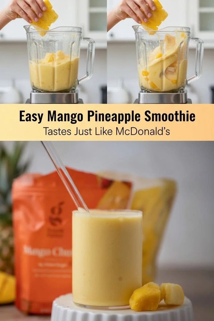 Mango Pineapple Smoothie in a glass with fresh fruit ingredients