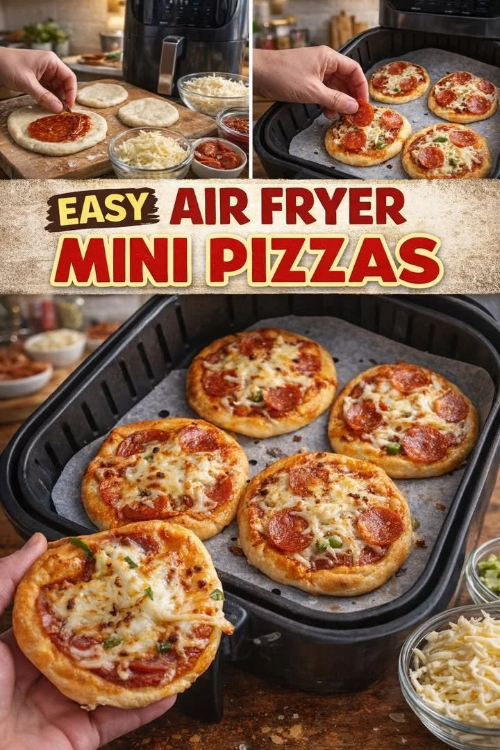Crispy mini pizzas cooked in the air fryer, topped with cheese and pepperoni.