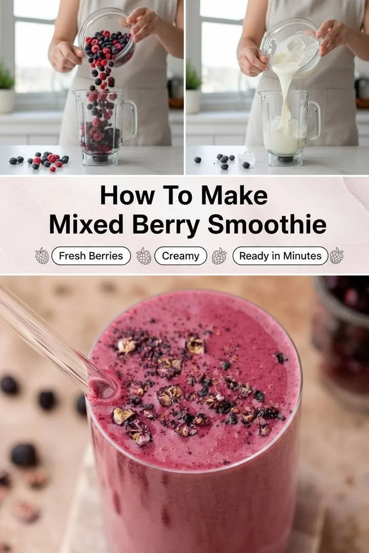 A vibrant mixed berry smoothie in a glass, garnished with fresh berries.