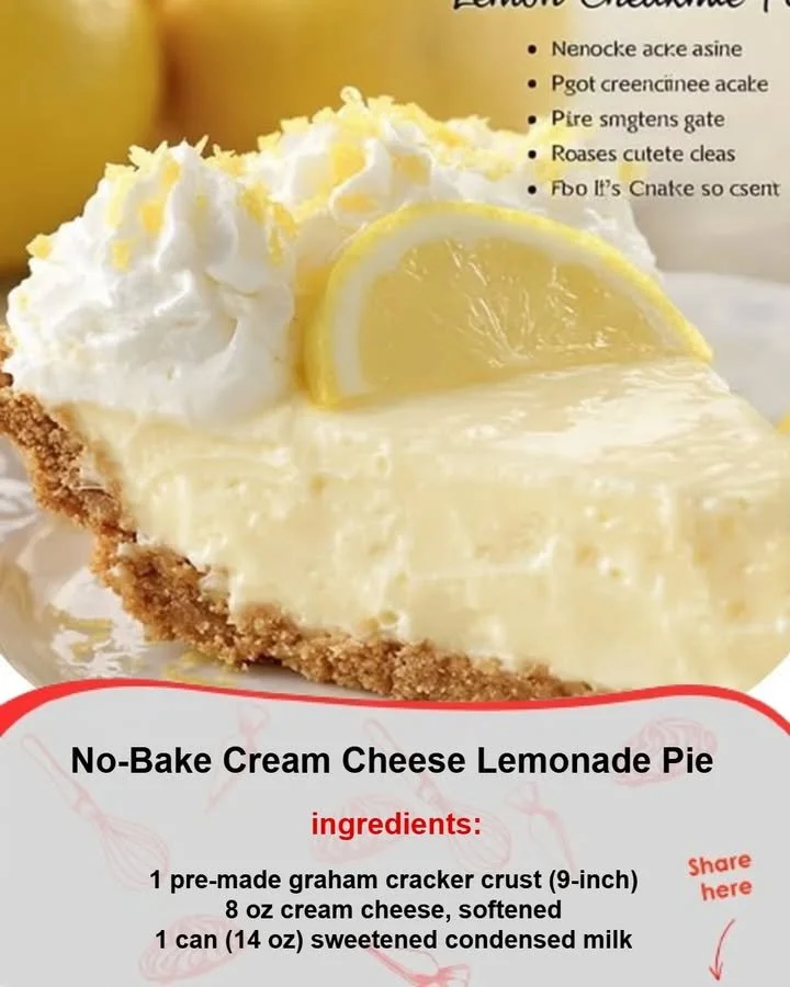 No-Bake Cream Cheese Lemonade Pie served in a pie dish garnished with lemon slices.