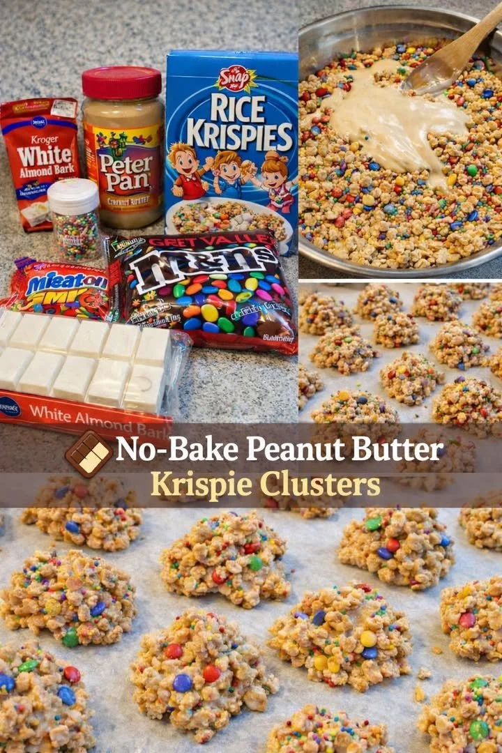No-Bake Peanut Butter Krispie Clusters with crispy rice and chocolate drizzle
