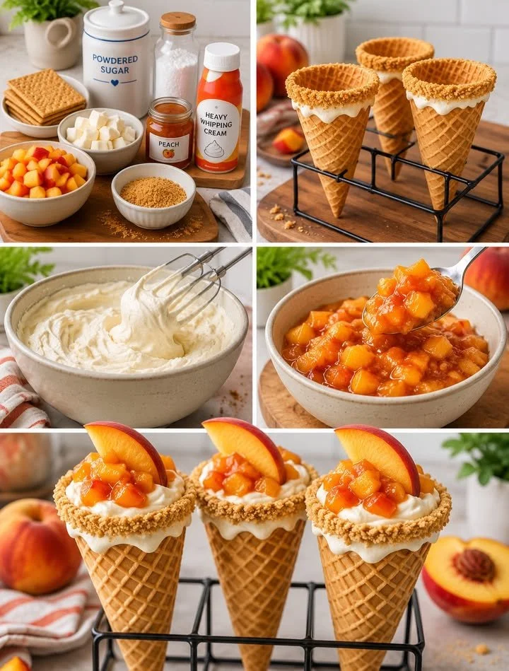 Peach cobbler cheesecake cones topped with fresh peaches and whipped cream