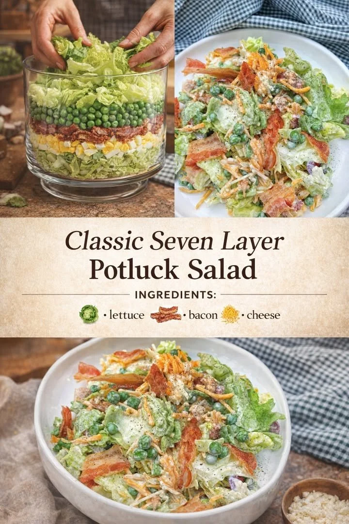 Colorful and delicious potluck seven layer salad with fresh ingredients.