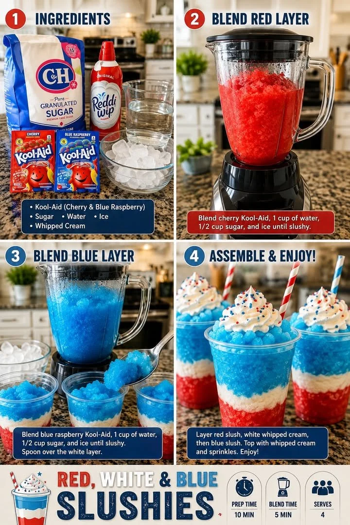 Colorful Red White & Blue Kool-Aid slush cups for summer enjoyment