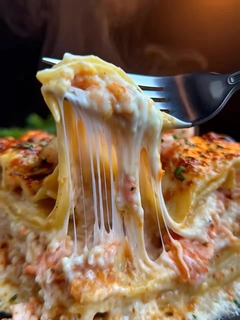 A delicious serving of seafood lasagna topped with cheese and fresh seafood ingredients.