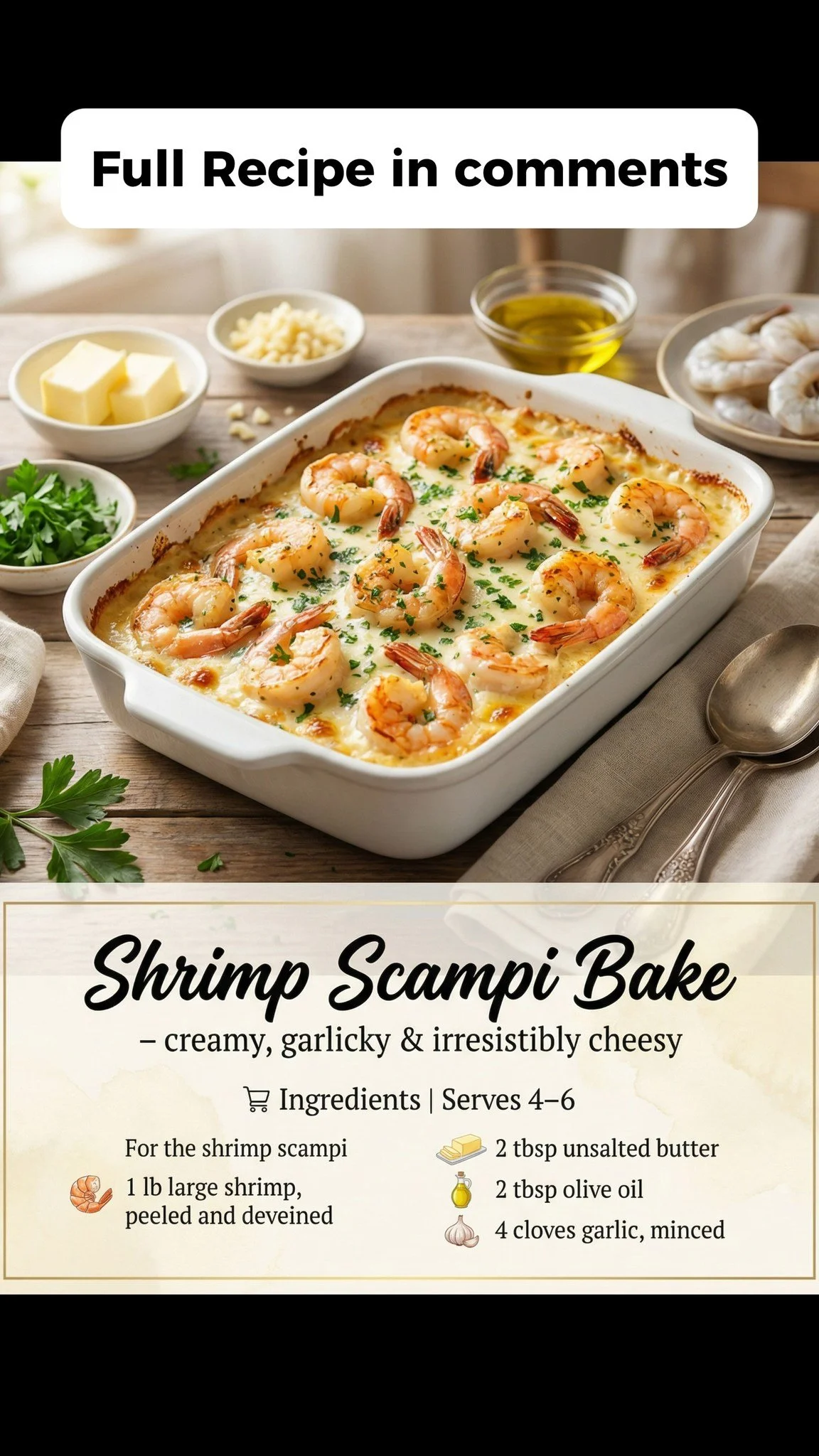 Shrimp Scampi Bake topped with herbs and cheese, served in a baking dish.