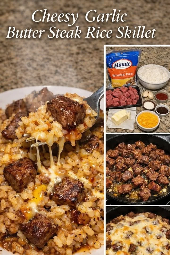 Skillet steak served with cheesy garlic rice on a plate