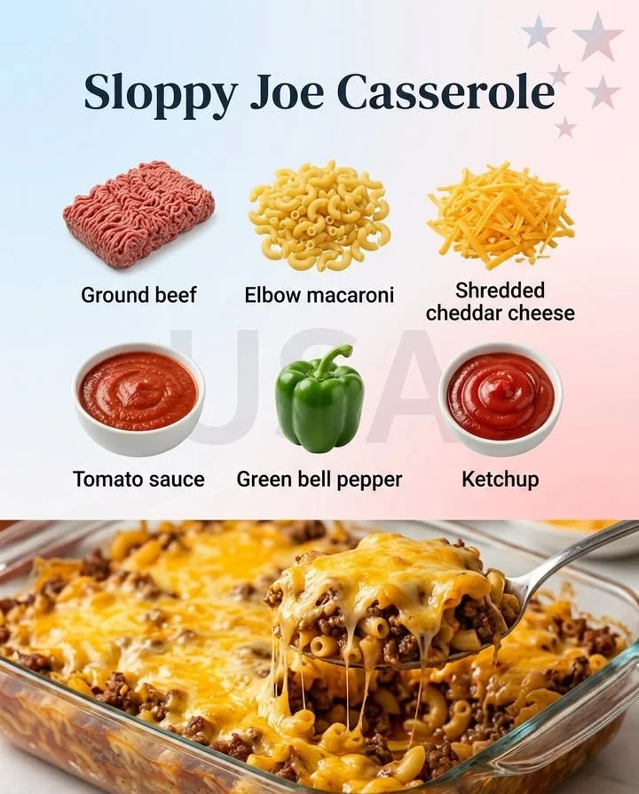 Delicious Sloppy Joe Casserole topped with melted cheese and served in a baking dish.
