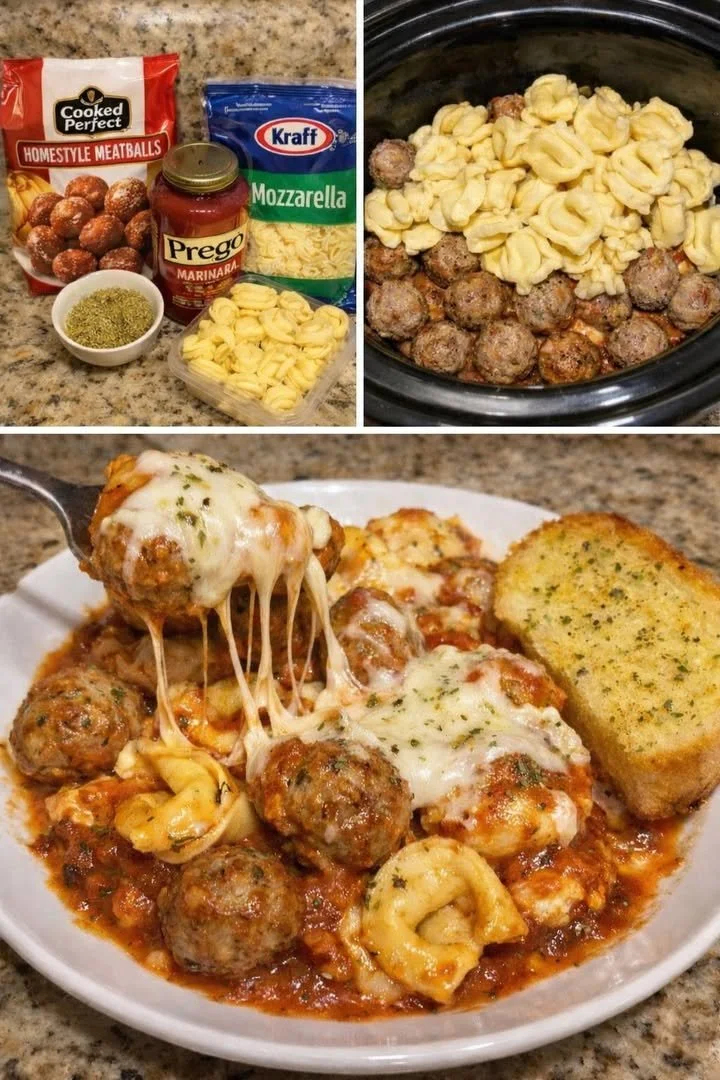 Slow Cooker Tortellini Meatball Casserole in a bowl topped with cheese