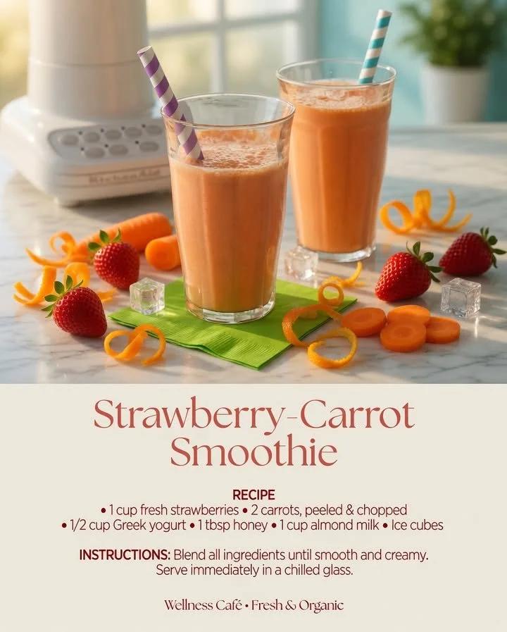 Glass of strawberry carrot smoothie with fresh strawberries and carrots