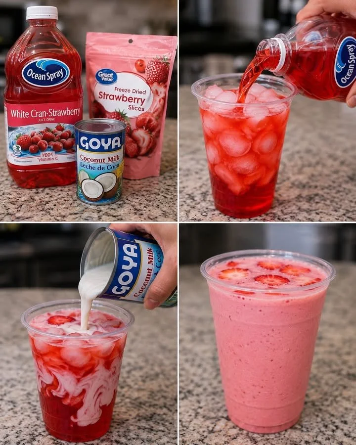 Strawberry Coconut Refresher drink garnished with fresh strawberries and coconut flakes.