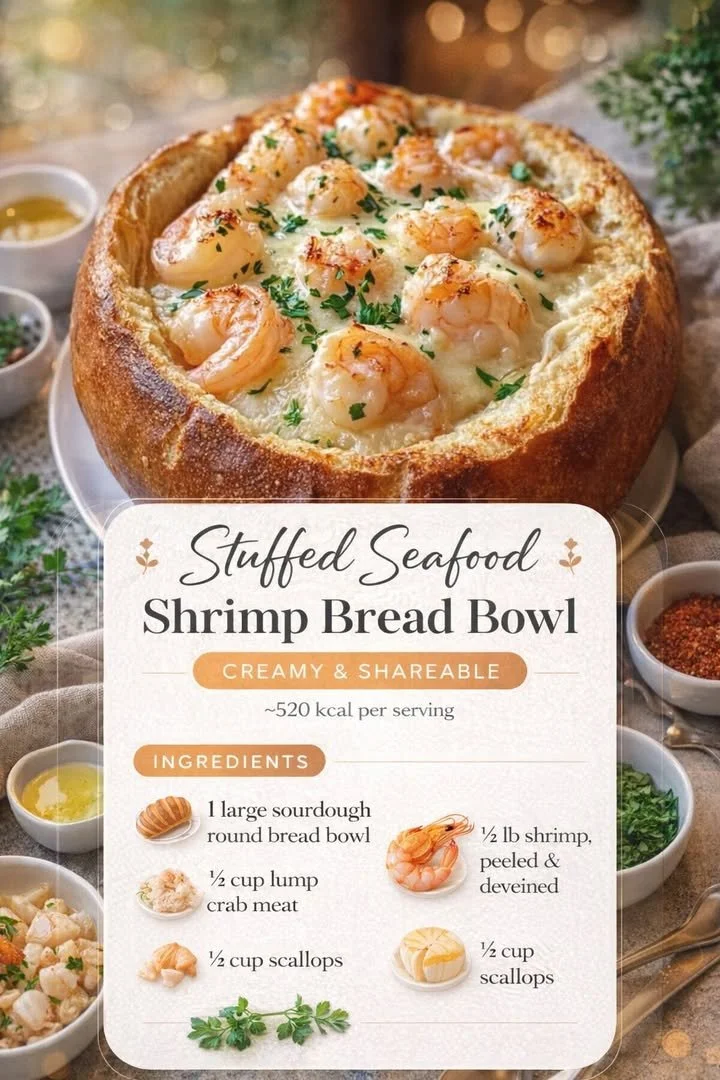Stuffed seafood shrimp bread bowl with rich filling and herbs on a wooden table