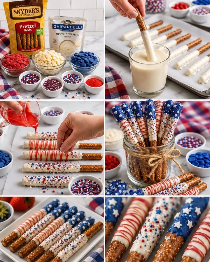Colorful no-bake pretzel rod sparklers decorated with chocolate and sprinkles