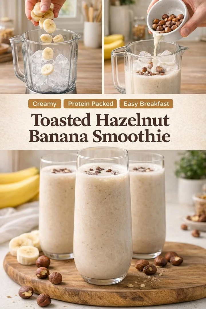 Toasted hazelnut banana smoothie in a glass garnished with nuts
