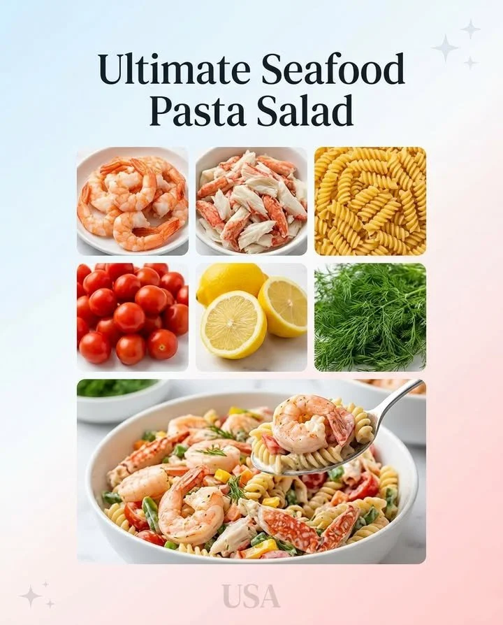 Delicious ultimate seafood pasta salad with shrimp and vegetables.
