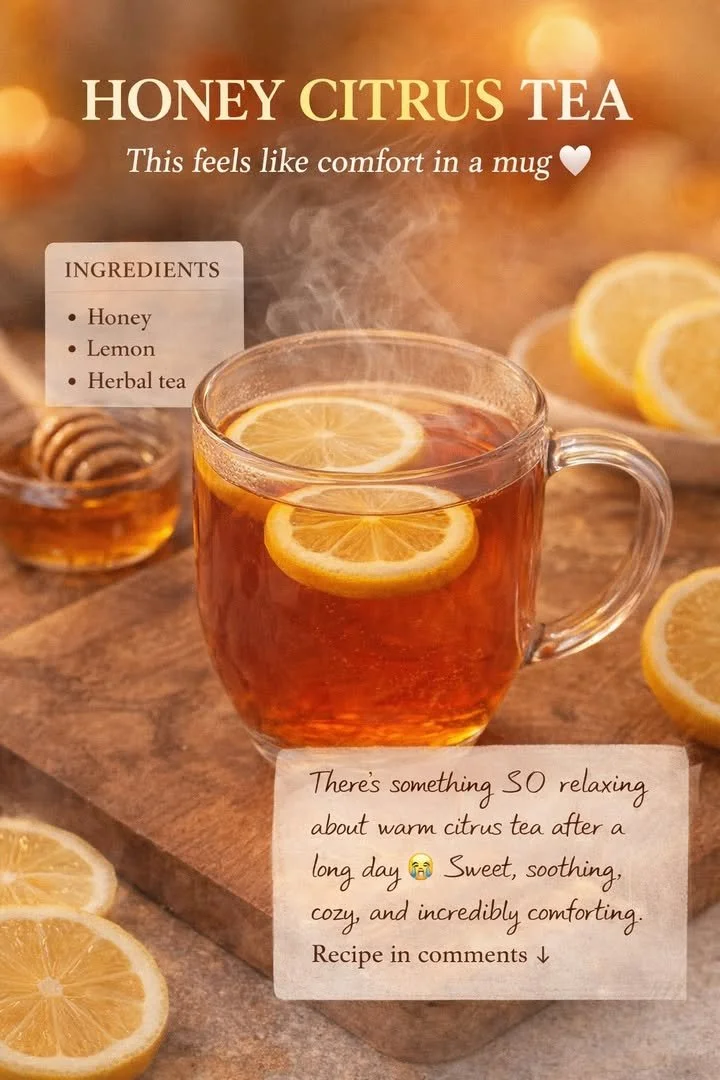 A steaming cup of warm honey tea with honey drizzled on the side.